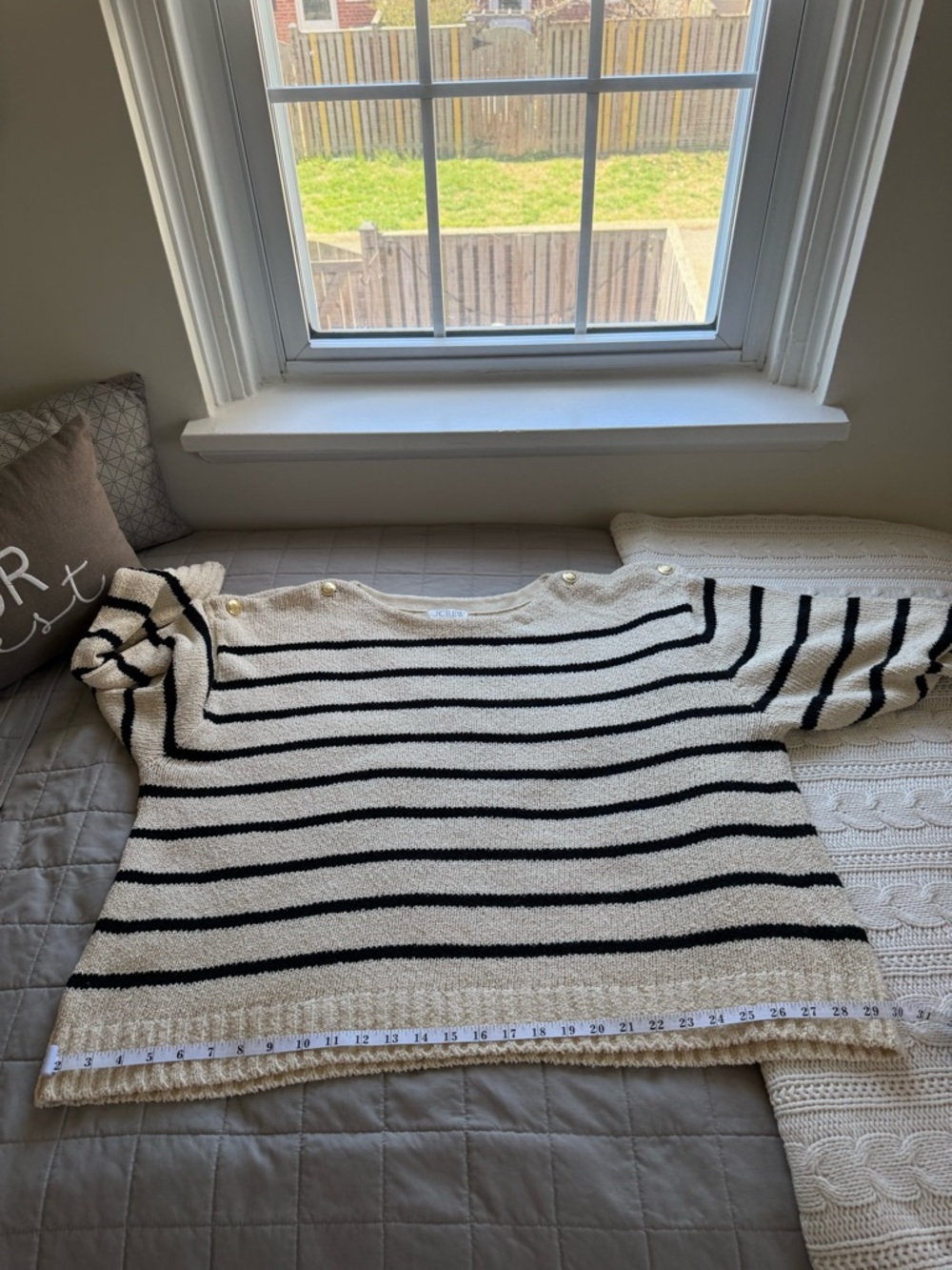 J. Crew Cream and Black Striped Boatneck Sweater with Gold Shoulder Buttons - 3X - Picture 12 of 15